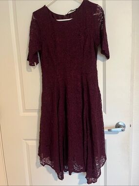 eshakti Burgundy Lace Fit-and-Flare Midi Dress
